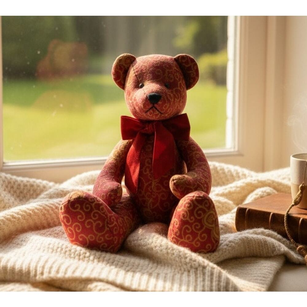 Pier 1 Imports Red Scroll Teddy Bear Plush Stuffed Animal 16" Bow Tie